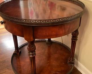 Stunning Theodore Alexander Round Wooden Accent Table W/ Bottom Shelf & Metal Trim