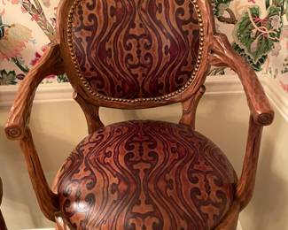 Beautiful Carved Wooden Bar Stools W/ Leather Seats & Brass Chair Rail