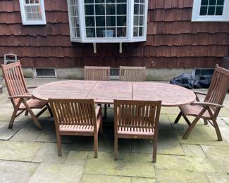 Outdoor Teak Table Set W/ Leaf & 6 Chairs