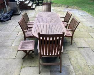 Outdoor Teak Table Set W/ Leaf & 6 Chairs