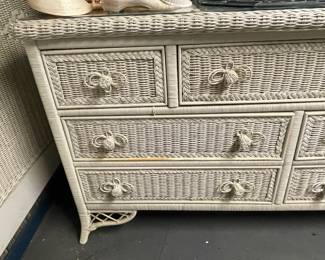 Wicker Low-Boy Dresser W/ Floral Knobs