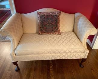 White Upholstered Bench W/ Arms & Wooden Legs