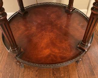 Stunning Theodore Alexander Round Wooden Accent Table W/ Bottom Shelf & Metal Trim