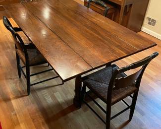 Wood Plank Country Dining Table W/ 4 Black Hitchcock STYLE Chairs