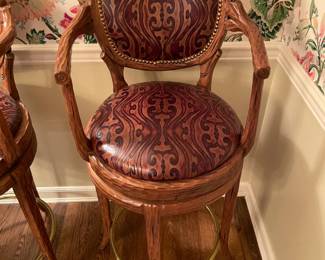 Beautiful Carved Wooden Bar Stools W/ Leather Seats & Brass Chair Rail