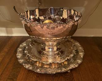 MASSIVE Silver Plated Punch Bowl W/ Cups, Ladle, & 2 Underplates