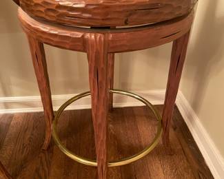 Beautiful Carved Wooden Bar Stools W/ Leather Seats & Brass Chair Rail