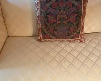 White Upholstered Bench W/ Arms & Wooden Legs