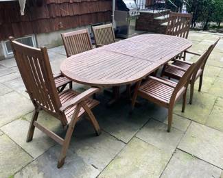 Outdoor Teak Table Set W/ Leaf & 6 Chairs