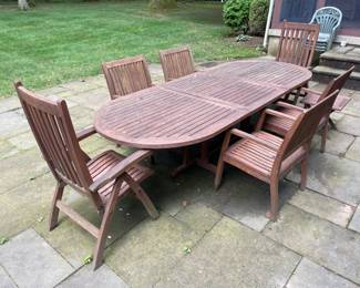 Outdoor Teak Table Set W/ Leaf & 6 Chairs