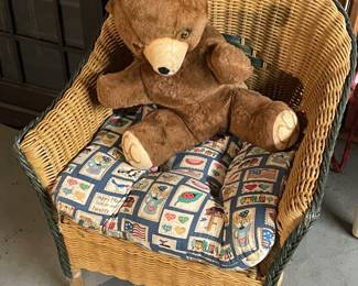 Mini Wicker Chair W/ Vintage Plush Bear