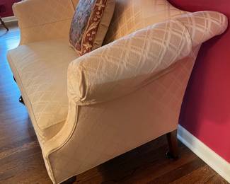 White Upholstered Bench W/ Arms & Wooden Legs