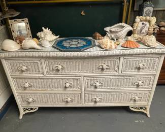 Wicker Low-Boy Dresser W/ Floral Knobs