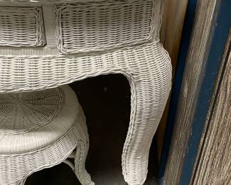 Wicker Vanity W/ Glass Top & Stool