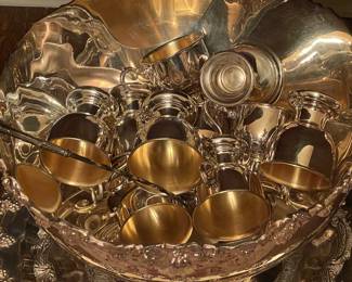 MASSIVE Silver Plated Punch Bowl W/ Cups, Ladle, & 2 Underplates