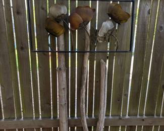 Metal Frame with Floral Arrangement, Driftwood Pieces (separate)