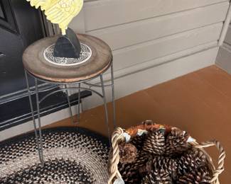 Chicken Doorstop, Reversible/Washable Braided Doormat, Pine Cones, plant stand, Weathered Celtic Platter
