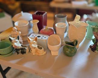 Large collection of pottery, Roseville, Mccoy, Hull, and more!!