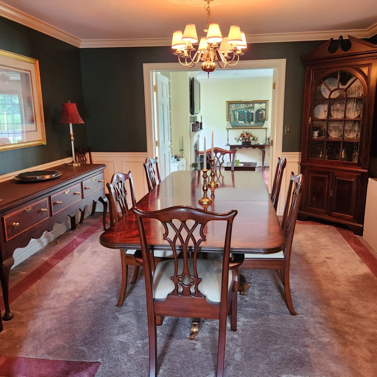 Maitlin-Smith dining table, double pedestal base, w 1 leaf and 8 Chippendale chairs
