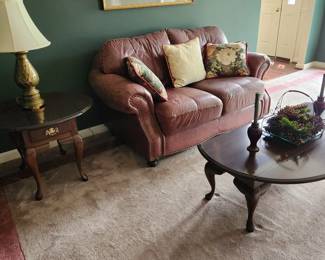 Leather loveseat w matching chairs, brass studs on both