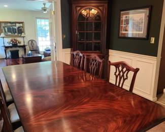 Dining table w 8 chairs and 2 leaves, by Maitland-Smith. Table is style #3863. Table measures: 119" x 46" x 30" tall