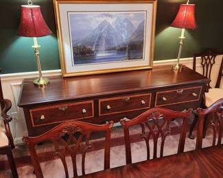 Henkel Harris huntboard, pristine condition, with pad, style # 2378. Measures: 77.5" x 21" x 34" tall. Has the 2 hidden panels.