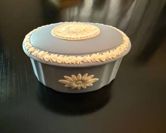 Wedgewood Blue Jasperware Oval Trinket Box with White Floral Design
