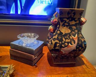 Pair of Matching Chinese Ornate Black Porcelain Vase with Embossed Gold and Red Koi Fish and Pomegranate Details