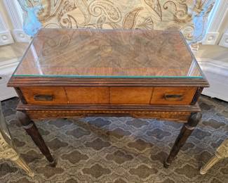 Glass Top Traditional Mahogany Parquet-Top Table with Turned Legs