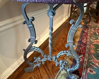 Spanish Revival Style Curved Bench with Maroon Upholstery and Iron Base