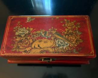 Red Asian Jewelry Box with Floral and Pheasant Design