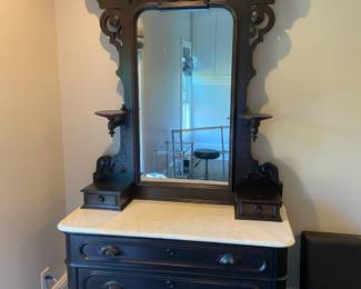Black Victorian Marble Top Dresser with Mirror