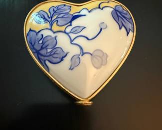 Tiffany & Co. Blue & Yellow Heart Shape Porcelain Trinket Box with Floral Design