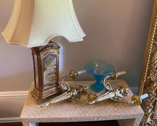 Pair of Couture Gold Tone Hand-Painted Mirrored Lamps