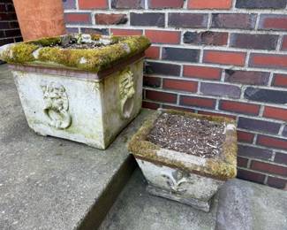 Square Cast Stone Planter with Lion Motif, Square Cast Stone Planter with Fluer-de-lis Motif