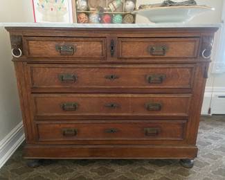 Eastlake Style Oak Chest of Drawers with Marble Top