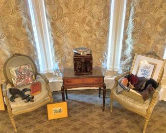 Pair of French Louis XVI Arm Chairs with Silver Upholstery, Glass Top Traditional Mahogany Parquet-Top Table with Turned Legs
