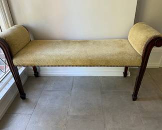 Georgian Regency-Style Gold Upholstered Bench with Rolled Arms and Mahogany Legs