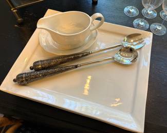 Pair of Pottery Barn Madena Salad Serving Utensils, French Countryside White Gravy Boat with Under Plate