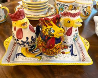 Pair of Hand Painted Italian Pottery Rooster Pitchers, Famulari Santo Stefano Hand Painted Italian Rooster Pitcher