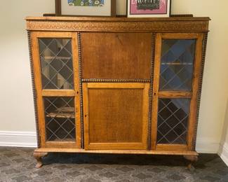 Circa 1930s English Leaded Glass Secretary Bookcase