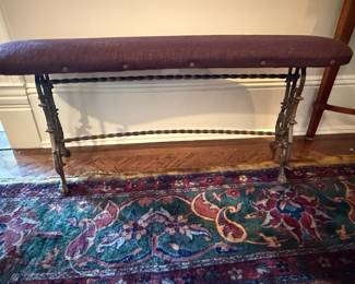 Spanish Revival Style Curved Bench with Maroon Upholstery and Iron Base