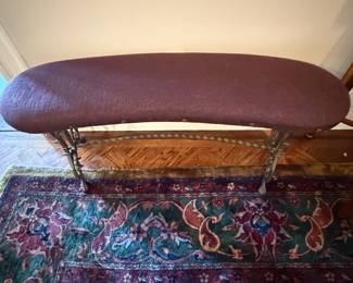 Spanish Revival Style Curved Bench with Maroon Upholstery and Iron Base