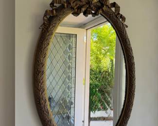 French Louis XVI Style Gilt Wood Oval Mirror with Ribbon