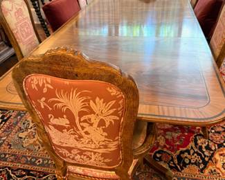 Set of 6 Louis XVI Style Dining Chairs with Toile Upholstery, Regency Style Mahogany Swirl Dining Table with Inlaid Banding