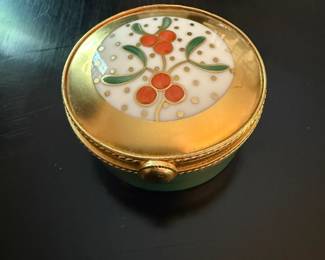 Tiffany & Co. Vintage Gold Porcelain Trinket Box with Cherry Design