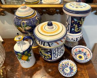 L'Antica Deruta Italian Pottery Canisters, Hand Painted Italian Pottery Oil Cruet, Dipping Bowls
