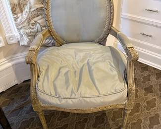 Pair of French Louis XVI Arm Chairs with Silver Upholstery