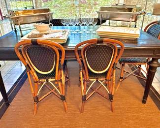 Set of 4 Black Bamboo & Black Vinyl Rattan Bistro Chairs, Dark Wood Farmhouse Dining Table