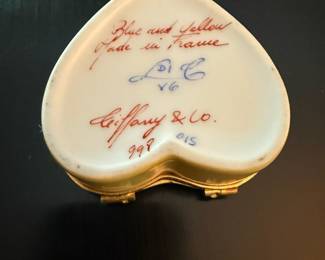 Tiffany & Co. Blue & Yellow Heart Shape Porcelain Trinket Box with Floral Design